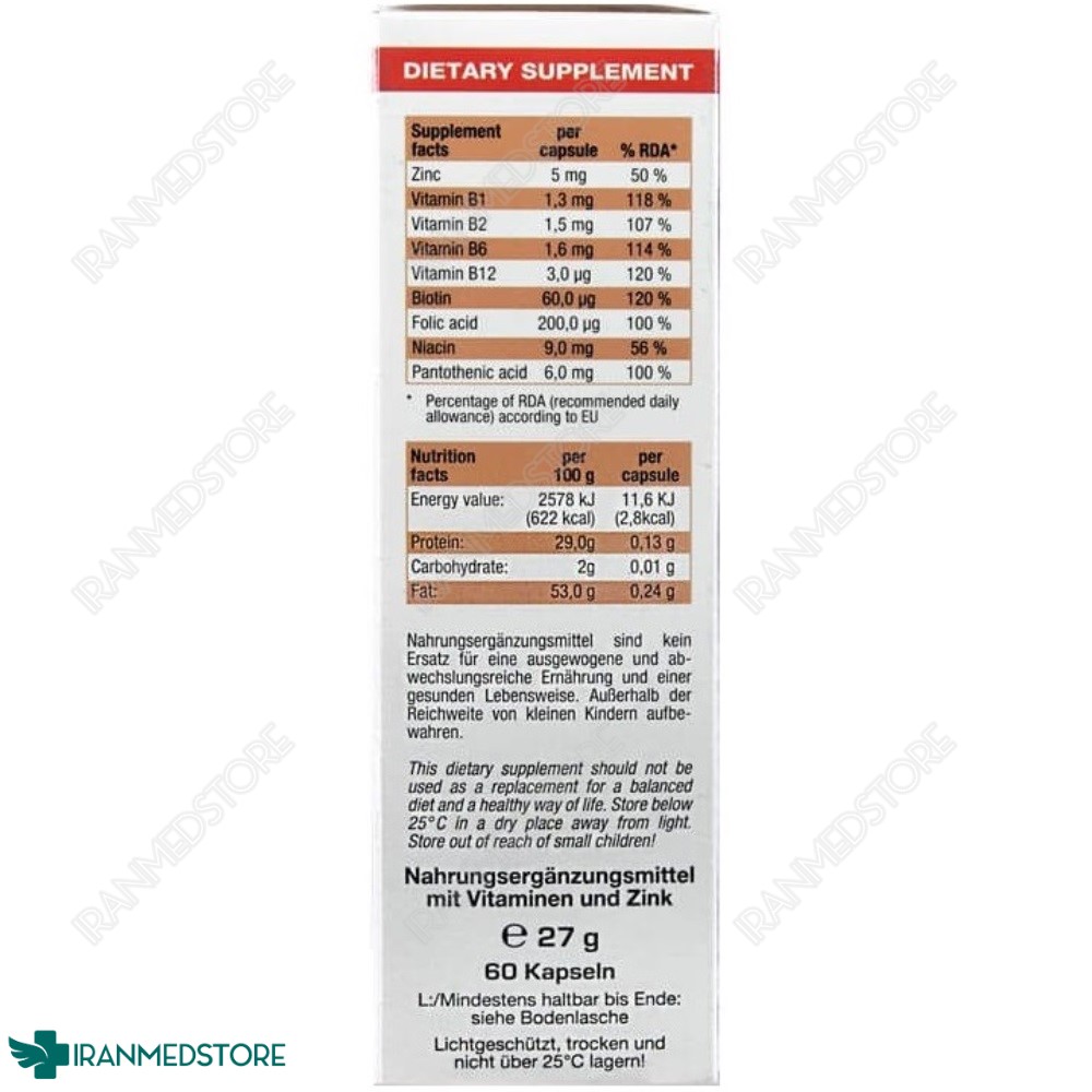 کپسول زینک پلاس با ویتامین ب کمپلکس یورو ویتال60 عددی